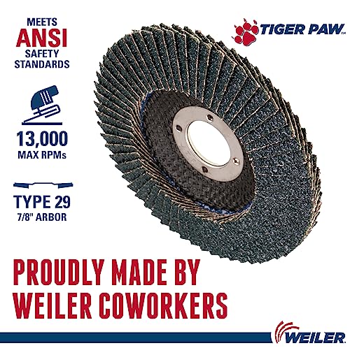 Image of Weiler 51118 4-1 /2 inch Tiger Paw Abrasive Flap Disc, Conical (Ty29), Phenolic Backing, 36Z, 7 /8 inch Arbor Hole (Pack of 10)