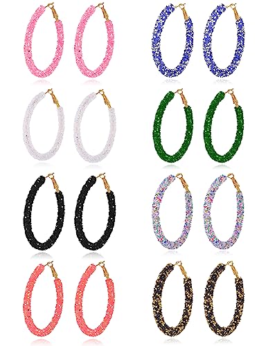Akeoqi 8 Pairs Beaded Hoop Earrings Multicolor Shiny Glitter Sequins Hoops Boho Wrapped Gold Circle Rhinestone Statement Drop Dangle Earring Jewelry Set For Women 20G