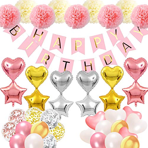 acetek Birthday Decorations, Ballons Party DÃ©cor for Her/Girl/Women with Pink Happy Birthday Banner, Star/Heart Shape Ballons, Paper Pompoms for Party Supplies Set