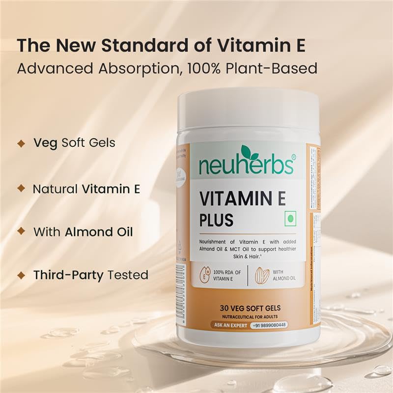 Image of Neuherbs Vitamin E Plus Capsules for Skin & Hair | Plant-Based Vitamin E Supplement with Almond & Sunflower Oil | Supports Glowing Skin & Hair Strength | Vegan | 30 Capsules