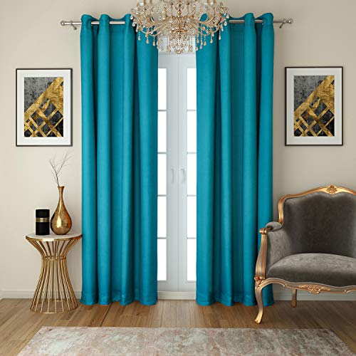 Image of Swayam 100% Blackout Polyester Door Curtain for Living Room & Bedroom | 7.5 Feet | Room Darkening Curtain with Eyelets | Pack of 2 | Solid Design - Turquoise