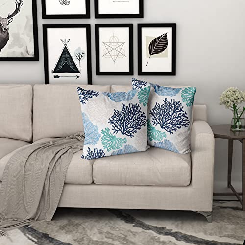 Summer Coastal Throw Pillow Covers Set Of 2 Farmhouse Coral Branch Ocean Themed Pillowcase Soft Cotton Square Cushion Covers For Home Couch Sofa Patio Bedroom 18X18 Inches #TOP6