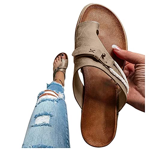 Baralonly Sandals for Women, Leather Flat Cork Sandals Casual Summer Crystal Slippers Rhinestone Flip Flops Walking Shoes