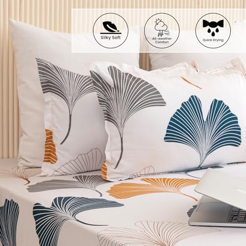 Image of HOMEMONDE Premium Cotton King Size Bedsheet 108 x 108 Inch, 210 TC Leaf Printed Flat Sheet with 2 Pillow Covers, Mustard & Grey, Premium Gift Box Included | Perfect for Home Decor & Gifting