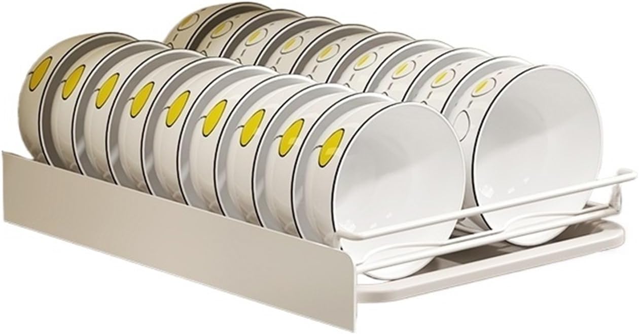 Smooth Sliding Kitchen Cabinet Rack Pull Out Dish Drying Drawer With Water Tray Drainer Stainless Steel Bowl Basket(Dish Steel Handle)