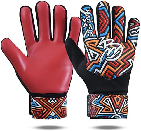 Boss Mann Soccer Goalie Gloves, Football Goalkeeper Gloves for Kids Boys Children Youth Goalkeeping with 4mm Latex Super grip Finger Spine Protection Anti-Slip Palm(Red,Size 5 Suitable for 9-12 Years)