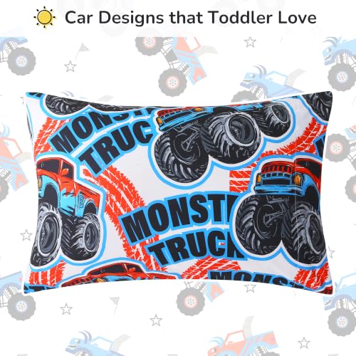 Image of Viviland Toddler Comforter Sets, 4 Pieces Bedding Sets, Monster Truck | Microfiber Truck Bed Set, Boys, Breathable & Soft, Comforter, Bed Sheet, Fitted Sheet and Pillowcase, Machine Washable
