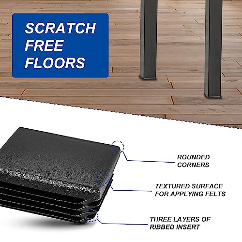 Image of 2 Inch (50 mm) Square Plastic Hole Plugs - 4 Pack Black End Caps for Metal Tubing, Fences, Glide Protection from Chair Legs, Furniture and Floors