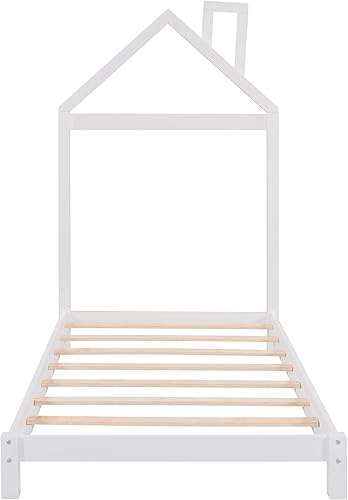 Miniatura 7 de Marco de cama individual para niños, marcos de cama con cabecero y listones, plataforma de madera con cabecera en forma de casa, cama de tamaño