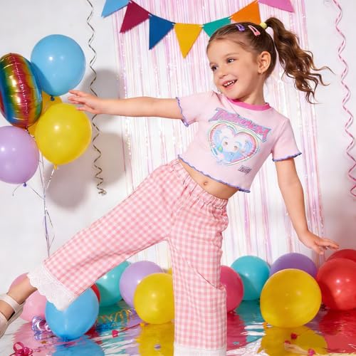 Image of Miipat Toddler Girls Wide Leg Pants Elastic Waist 2 Pack Gingham Pants Girls Loose Checkered Plaid Lace Bottoms