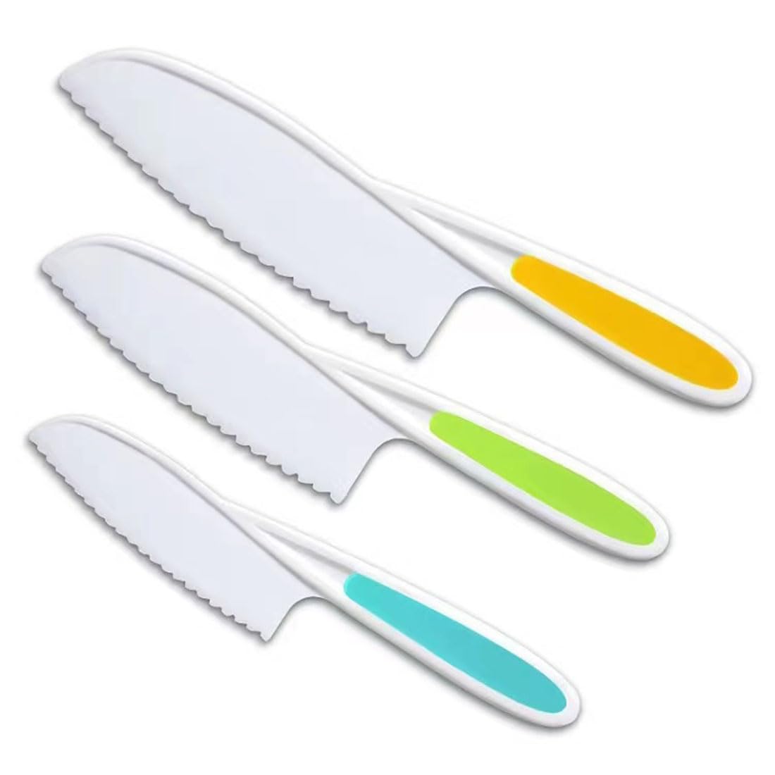 YIAGUN Kitchen Safety Knives for Kids, Children's Cooking Knives in 3 Sizes, Plastic Cutting Board Grip Serrated Edges for Vegetables Fruits Salad Cake