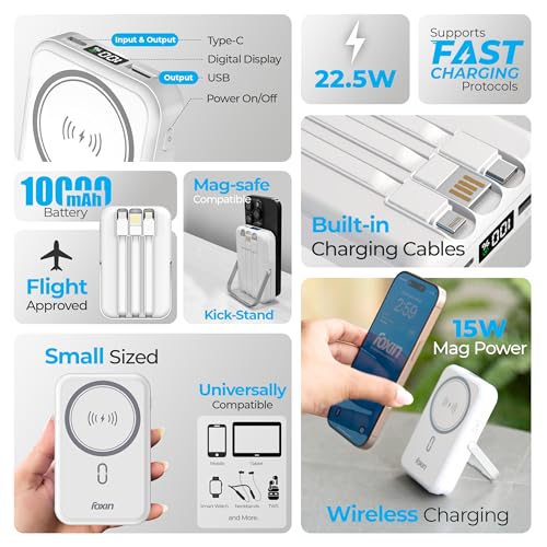 Image of Foxin All-in-One Mag Pro 10000mAh Magnetic Wireless Power Bank | 22.5W Fast Charging, MagSafe & Wireless Charging for Android & iPhone 12 & Above | Built-in Cables | Stand | BIS Certified | White