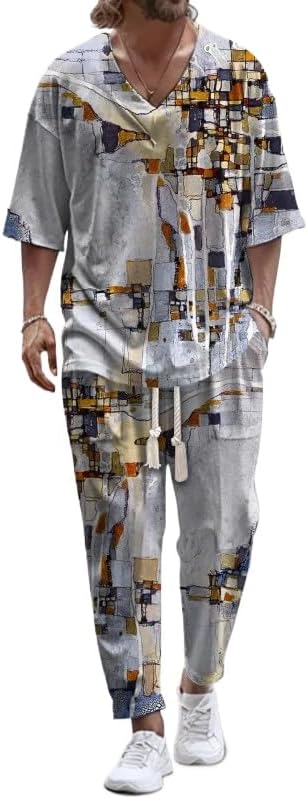 Men's loose V-neck five quarter sleeve pants 2-piece set V-neck cotton casual T-shirt nine quarter pants vacation set