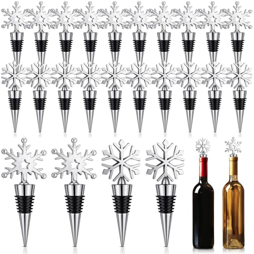 Hicarer 24 Pcs Winter Wine Bottle Stopper Decorative Alloy Snowflake Wine Stopper Novel Style Champagne Stoppers Holiday Wedding Party Bar Gift for Keeping Wine Fresh Supplies, Silver