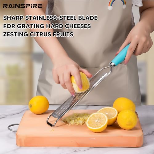 Image of Rainspire Zester Grater with Handle, Lemon Zester Cheese Grater for Kitchen Stainless Steel, Parmesan Cheese Garlic Nutmeg Chocolate Fruits Vegetables Ginger Grater, Fine, Blue
