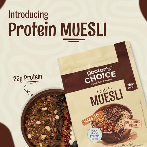 Image of DC DOCTORS CHOICE High Protein Multigrain Muesli|25 Gm Protein|No Maida|No Palm Oil|Jaggery Sweetened Fiber-Rich|Preservative-Free|Healthy Crunchy Treat|750 Gram|Chocolate|1 Count (Pack of 3)