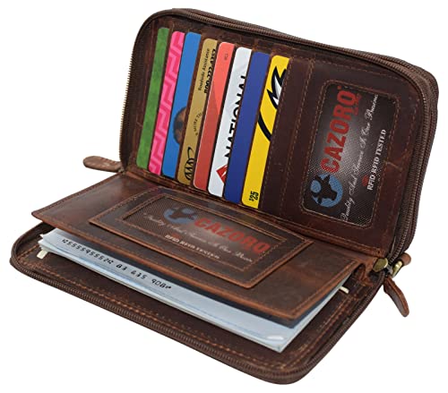 RFID Blocking Wallets for Women Vintage Leather Double Zipper Clutch Checkbook Ladies Wallet (Brown RHU)3