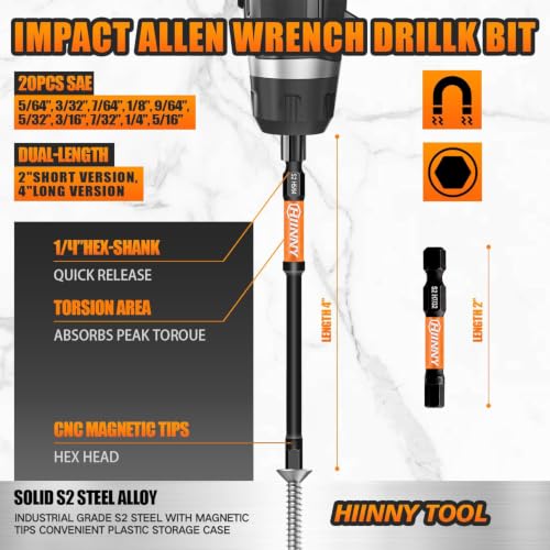 Image of Impact Allen Wrench Drill Bit Set,20PCS 2 inch&4 inch Long Hex Bit Set(SAE), 1 /4 inch Hex-Shank S2 Steel,Impact Driver Bit Set, Magnetic CNC Tips for Drill & Driver with Storage Box