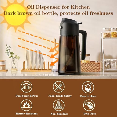 Image of Olive Oil Sprayer & Dispenser for Cooking, 16oz Dark Glass Oil Mister, 2PC | 2-in-1 Oil Sprayer & Pourer, Fine mist, Light-Blocking, Wide Mouth for Easy Refill & Clean, 8 Oil Labels, Reusable