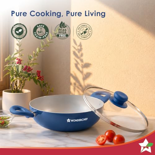 Image of Wonderchef Natura Ceramic Kadhai & Glass Lid for Cooking, 24cm, 2.5L, Non-Toxic Chemical-Free Coating, PFOA /PFAS-Free, Scratch-Resistant, Gas & Induction Compatible, 2-Yr Warranty, Teal Blue