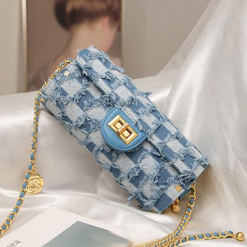 Image of Nova&Aria Women Small Shoulder Bags Quilted Crossbody Distressed Jean Denim Purse Evening Bag Clutch Handbag with Chain Strap-Checkered