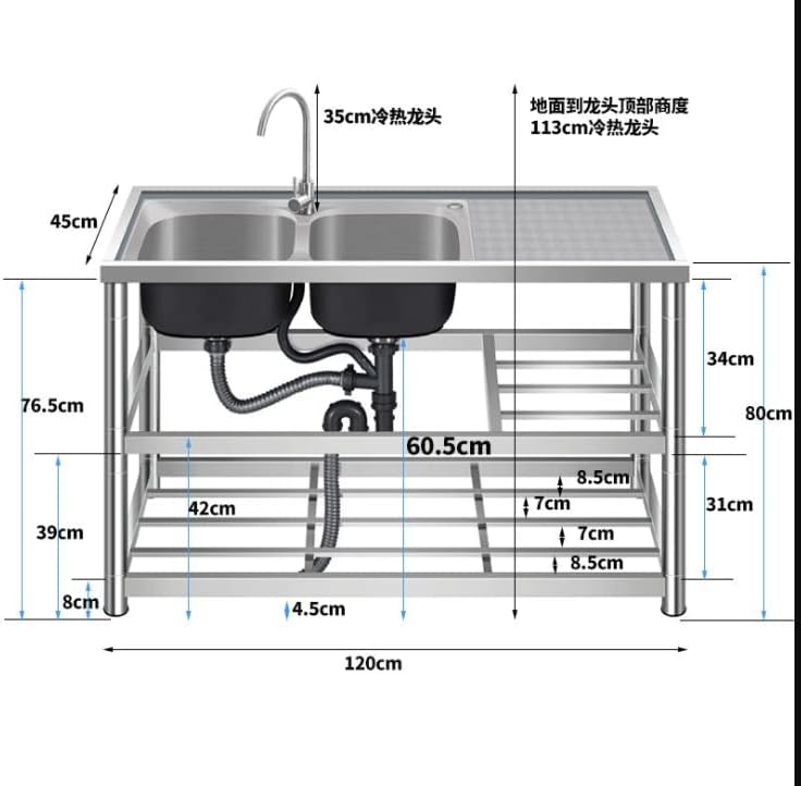 Miniatura 6 de DNYSYSJ Fregadero de cocina comercial con 2 cuencos y 2 estantes, fregadero independiente de acero inoxidable 304