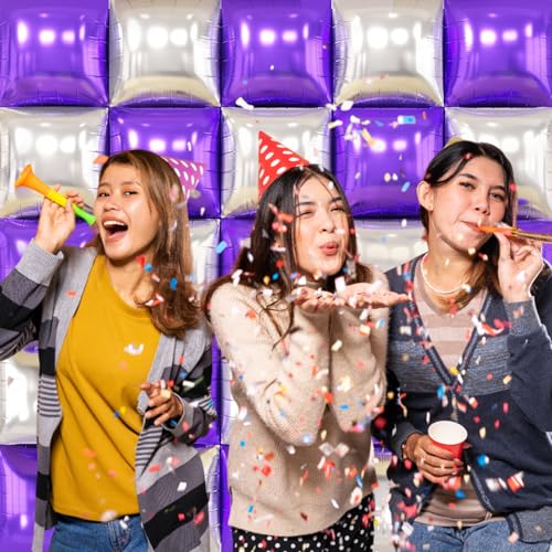 Image of Metallic Purple Gold and Silver Double Sided Square Foil Balloons Wall,19 Inches Chrome Foil Balloons Tunnel Arch Kit for Bachelorette,Anniversary,Graduation,Birthday Party Background Decoration