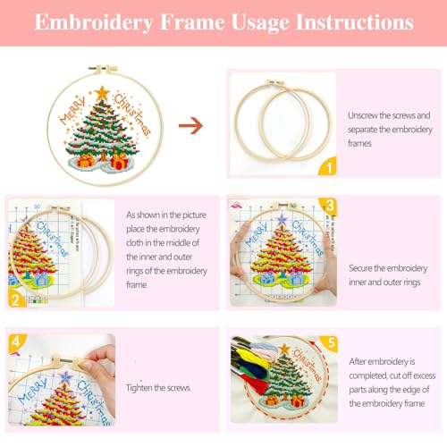 Image of Zhenqing 4 Pack Christmas Stamped Cross Stitch Kit, 11CT Printed Santa Reindeer Snowman Gingerbread Tree Wreath Patterns with Hoop and Tools, DIY Holiday Embroidery Set for Beginners