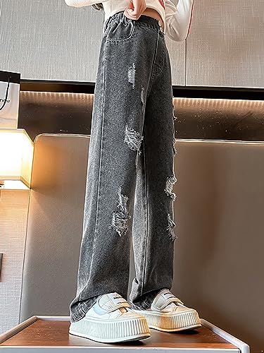 Kids Girls Casual Jeans Elastic Waist Denim Pants Wide Straight Leg Baggy Pants Fashion Loose Trousers 4-16 Years4