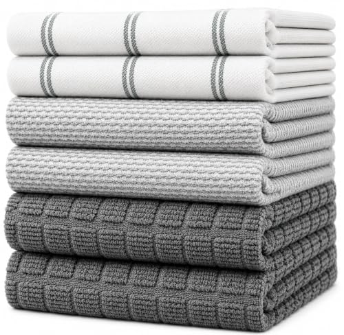 Image of Premium Kitchen Towels (20 inchx 28 inch, 6 Pack) | Large Cotton Dish Towels | Flat & Terry Highly Absorbent Kitchen Linen Set with Hanging Loop | Grey Check