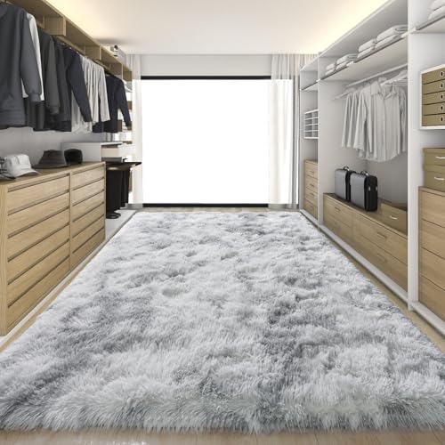 KING DARE 9x12 Area Rug for Living Room Plush Carpet, Soft Fluffy Shaggy Fuzzy Furry Large Black Rug, Anti-Slip Washable Modern Floor Carpet for Bedroom Home Aesthetic Decor, Tie-dye Grey