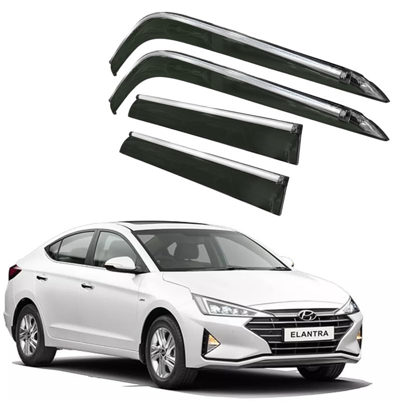 Image of CAR SAAZ Side Door Visors for Elantra (2019-2022) (Set of 4Pcs)|Chrome Lined Rain Guards, Polycarbonate, Smoke Finish