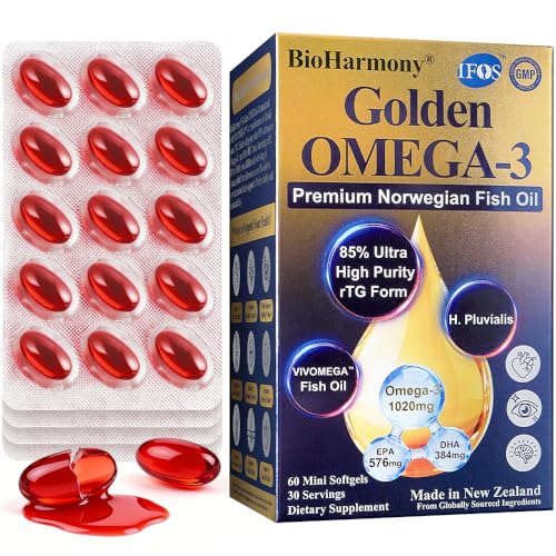 BioHarmony Omega 3 Fish Oil 85% Purity IFOS 5 Star rTG High Absorption 1020mg Active Omega-3+960mg EPA+DHA Norwegian Fish Oil Blister Pack Manufactured in New Zealand 60 Mini Softgels
