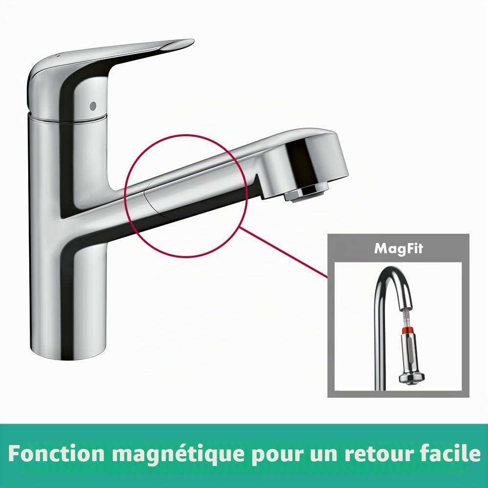 hansgrohe Focus M42 - Mitigeur de cuisine avec douchette extractible, 1 jet, Robinet avec hauteur sous bec 150 mm, Robinetterie avec bec pivotant et extensible, Chromé, 71814000