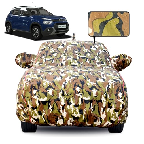 Image of Waterproof Car Body Cover for Citroen C3 with Mirror Pocket, Soft Cotton Lining, Triple Stitched, Full Bottom Elastic (Heat Resistant Jungle Print with Red Piping)
