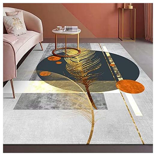 RUGMRZ Tapis Pas Cher Grand Tapis Pas Cher Conception Graphique Abstraite Minimaliste Moderne de Motif de Plumes Gris Bleu Orange doré Tapis Sol Enfant 200X280cm