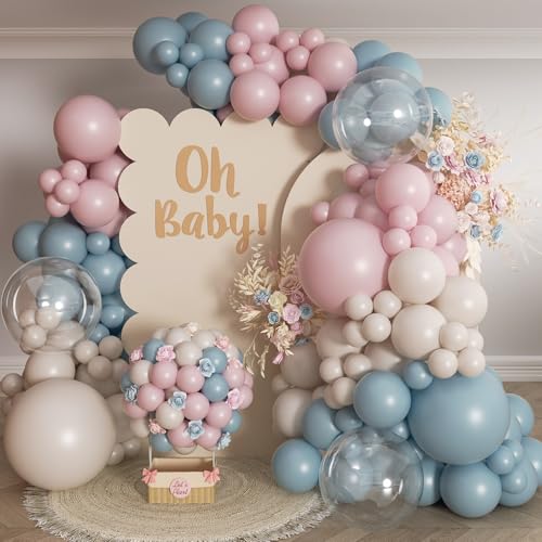 Image of Gender Reveal Balloon Arch Kit 139Pcs Dusty Pink and Fog Blue Balloons White Sand Balloons for Boho Wedding Bride Anniversary Birthday Baby Shower Bridal Bear Theme Decorations
