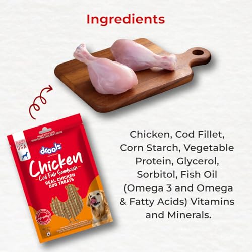 Image of Drools Cod Fish Sandwich Dog Treat, 70 g | Made with Real Chicken & Cod Fish | High Protein Training Treat | for Puppy & Adult Dogs