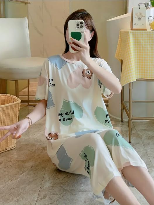 Image of Lunza Women's Cotton Pajama Set with Top & Pants|| Korean Night Suit|| Lightweight Printed Set || Soft & Comfy Sleepwear for Girls & Women