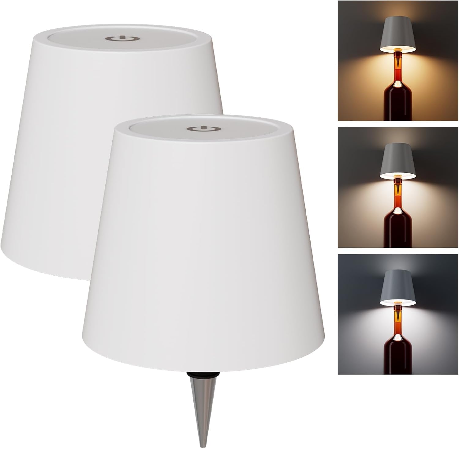 2 Pack Wireless Bottle Lamp, Wireless Bottle Lamp Shade with 3 Color Temperature, Rechargeable Stepless Dimming LED Wine Bottle Lights for Any Bottle, Desk Lamp for Bedroom Restaurant Bar - White