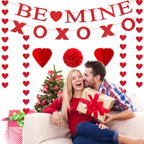 Image of Valentines-Day Decorations Red-Heart Garland Galentines-Decor - 24pcs Tissue Paper Pom Poms Streamers Swirl,Be Mine Xoxo Banner,Love Romantic Special Night Anniversary Party Hanging Lasting Surprise