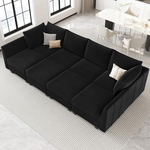 Belffin Modular Sleeper Sofa Velvet Sectional Couch with Storage 8 Seats Sectional Sofa Bed for Living Room, Black