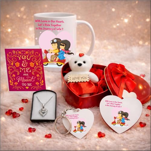 Image of PICRAZEE Romantic Gift Combo (Mug, Heart Pendant, Teddy with Rose, G-Card, Magnet, K-Ring) Love Gift for Girlfriend, Boyfriend, Husband, Wife