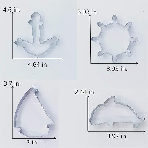 Miniatura 5 de LILIAO Juego de 4 cortadores de galletas náuticas - Cortadores de fondant de galletas de ancla, velero, timón y delfín, acero inoxidable