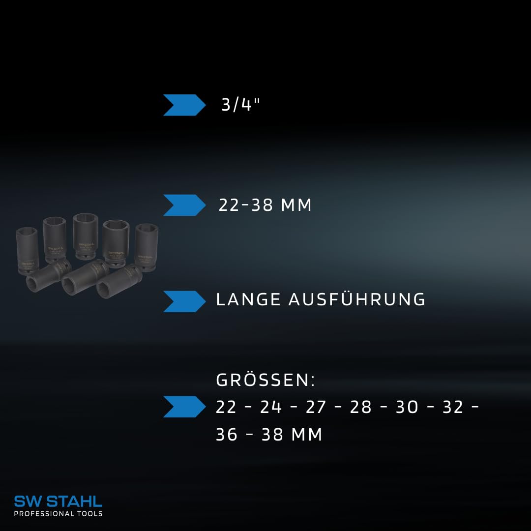 SW-Stahl 07910L Zestaw Kluczy Nasadowych Impact 3/4 Cala, 8 Sztuk | Nasadki sześciokątne ze stali chromowo-wanadowej, rozmiar 20 mm, profesjonalny komplet do kluczy udarowych