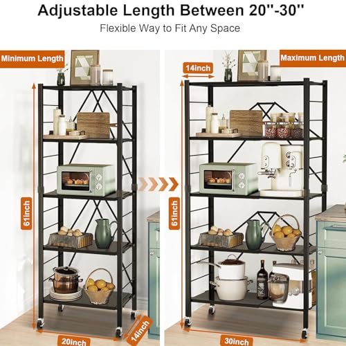 5 Tier Foldable Storage Shelves, Expandable Folding Shelving Units with Wheels, Changeable into 2 Shelf Units, Collapsible Adjustable Storage Rack Metal Shelves for Storage, Pantry, Garage, Kitchen - Image 3