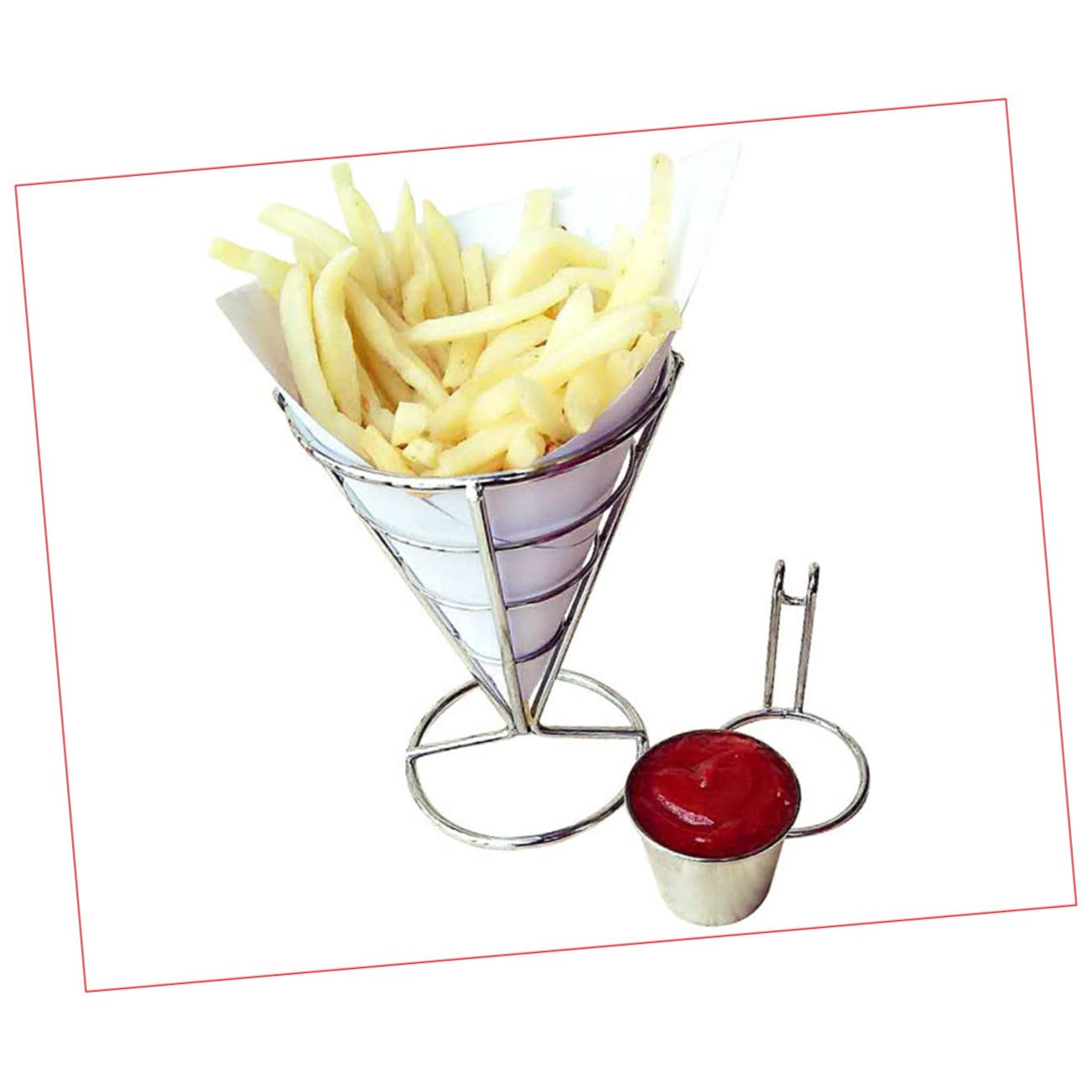 STOBAZA Metal Wire Fries Stand Holder with Sauce Dipper French Fry Cone Basket for Snacks Display Rack for Appetizers Suitable for Restaurants and Parties