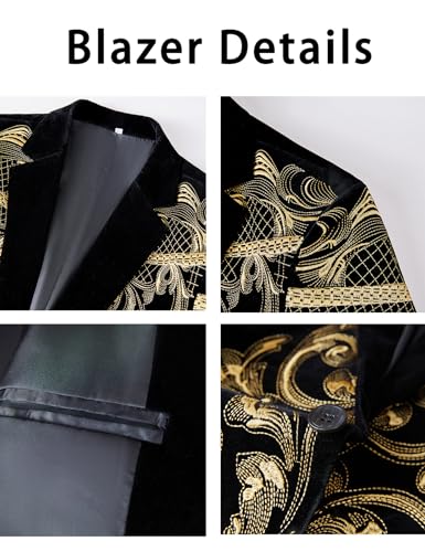 Mens Velvet Tuxedo Jacket with Gold Embroidered Slim Fit Single Breasted Paisley Blazer for Wedding Prom Party3