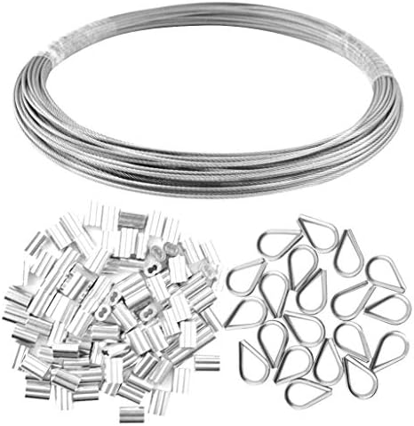 Yookat Wire Rope Cable Includes 1/16inch x 66Feet Stainless Steel Wire Rope Cable 100Pcs Aluminum Crimping Sleeves and 20Pcs Stainless Steel Thimble Cable Railing Kits
