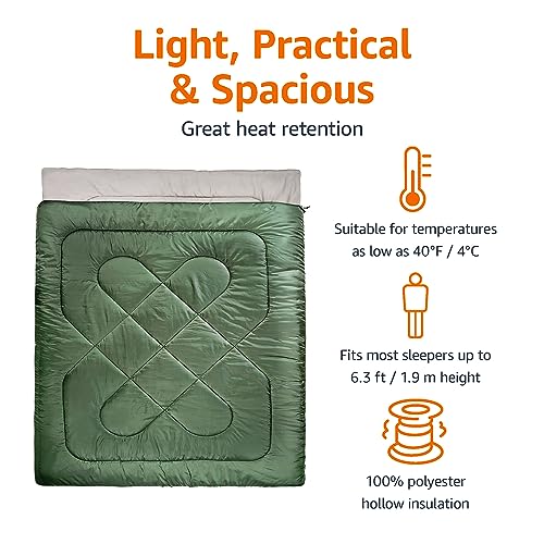 Amazon Basics Double Sleeping Bag for Adults, 40°F Cold Weather Two-Person Camping Bag, Queen Size 87" x 59", Olive Green view 3